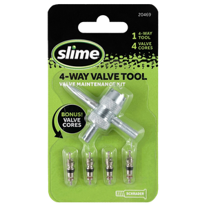 Slime 4-Way Valve Tool with Valve Cores for Bicycles #20469 In Package