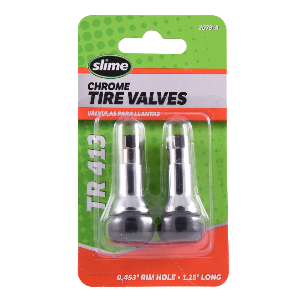 
            
                Load image into Gallery viewer, Slime Chrome Tubeless Tire Valves TR413 #2078-A In Package
            
        