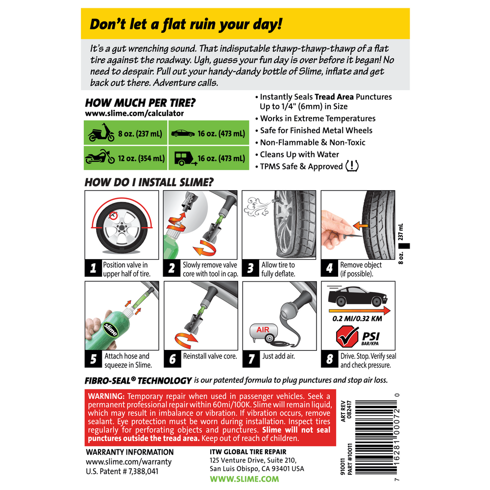 Slime Emergency Tire Sealant - 16 oz. (Car/Trailer) #10011 Instructions