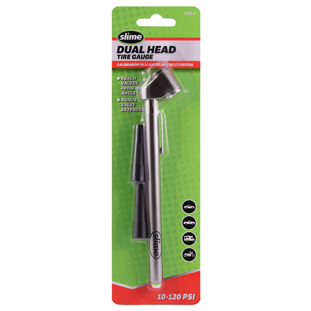 
            
                Load image into Gallery viewer, Slime Dual Head Pencil Tire Gauge with Valve Extenders #2016-A In Package
            
        