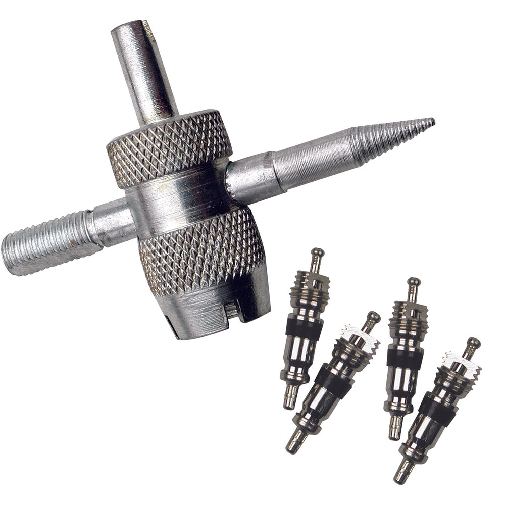 4-Way Valve Stem Tool with Tube Valve Cores for Bicycles